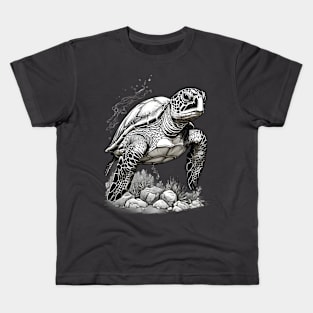 Black and White Green Sea Turtle Design Kids T-Shirt